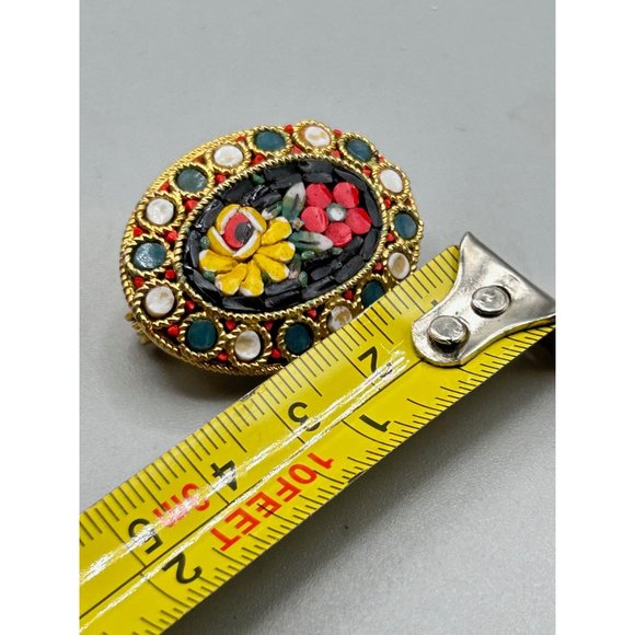 Vintage Italian Mosaic Brooch Red & Yellow Flowers Oval Shaped Gold Tone Metal - Picture 6 of 6